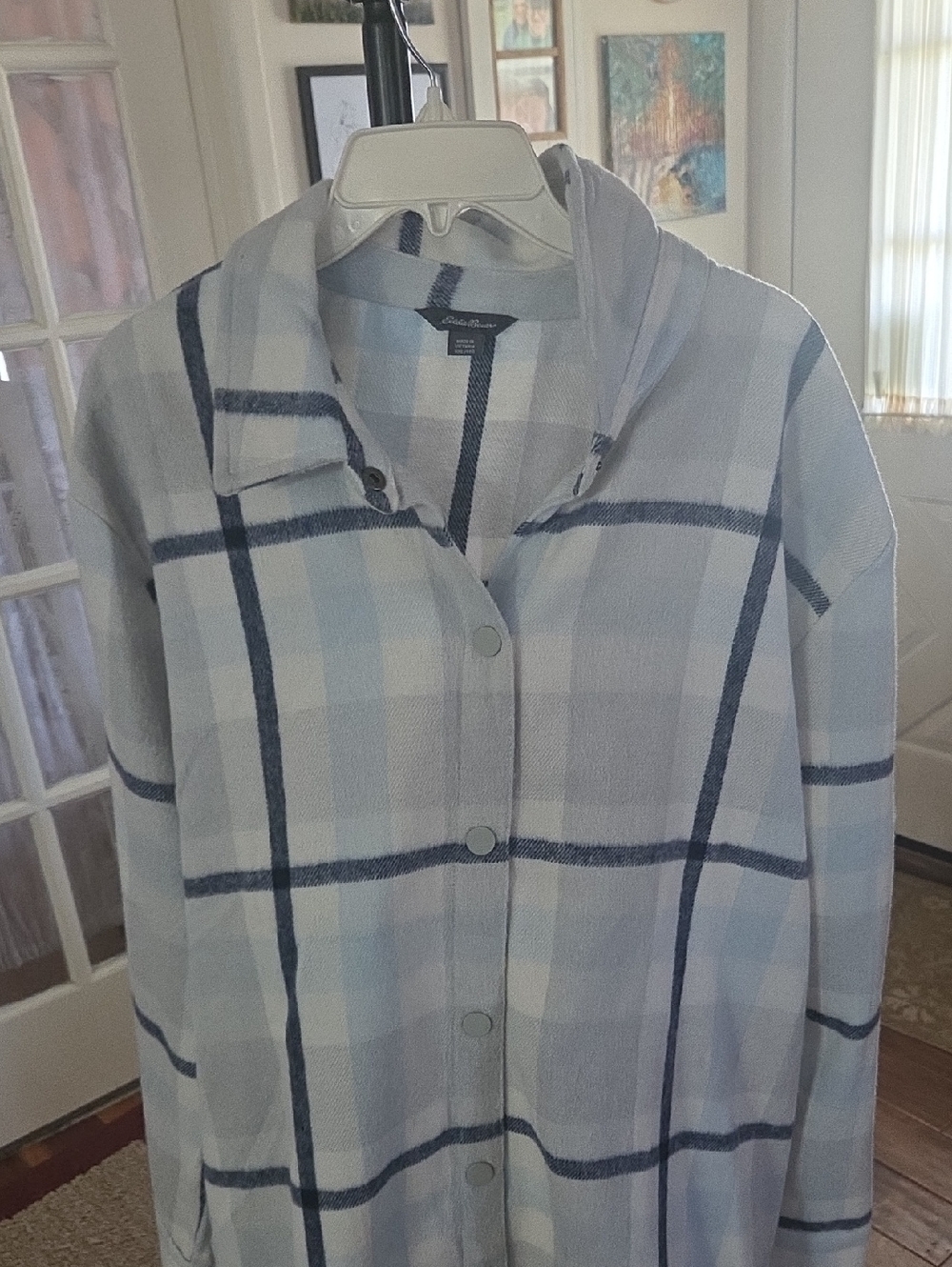 Eddie Bauer Light Blue and Navy Plaid Button-Front Shirt